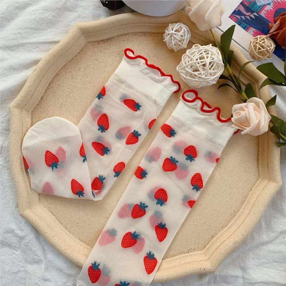 Crystal card stockings children's mid-tube socks Summer thin cute wooden ear edge girl student strawberry transparent socks