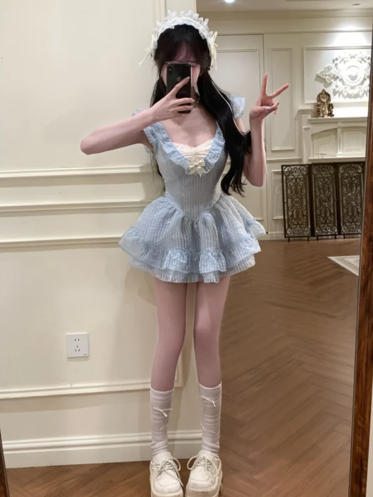 Summer Sweet Sle Women's Dr Strapl Puffy ort Skirt High Waist Princ Gown No Sve V-Ne  High Quali