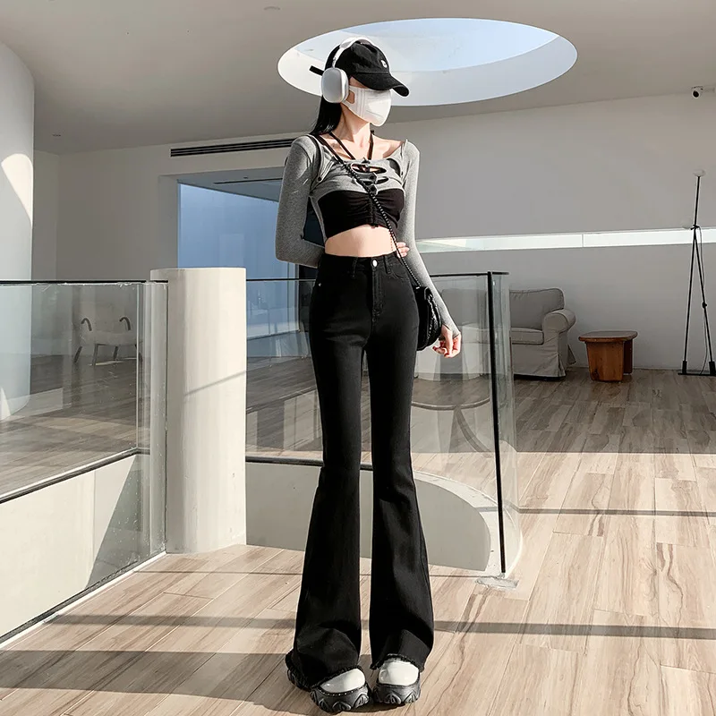 

High-Waisted Black Flared Jeans For Women, Slimming Effect, Versatile, Extended Length, Floor-Length, A1589