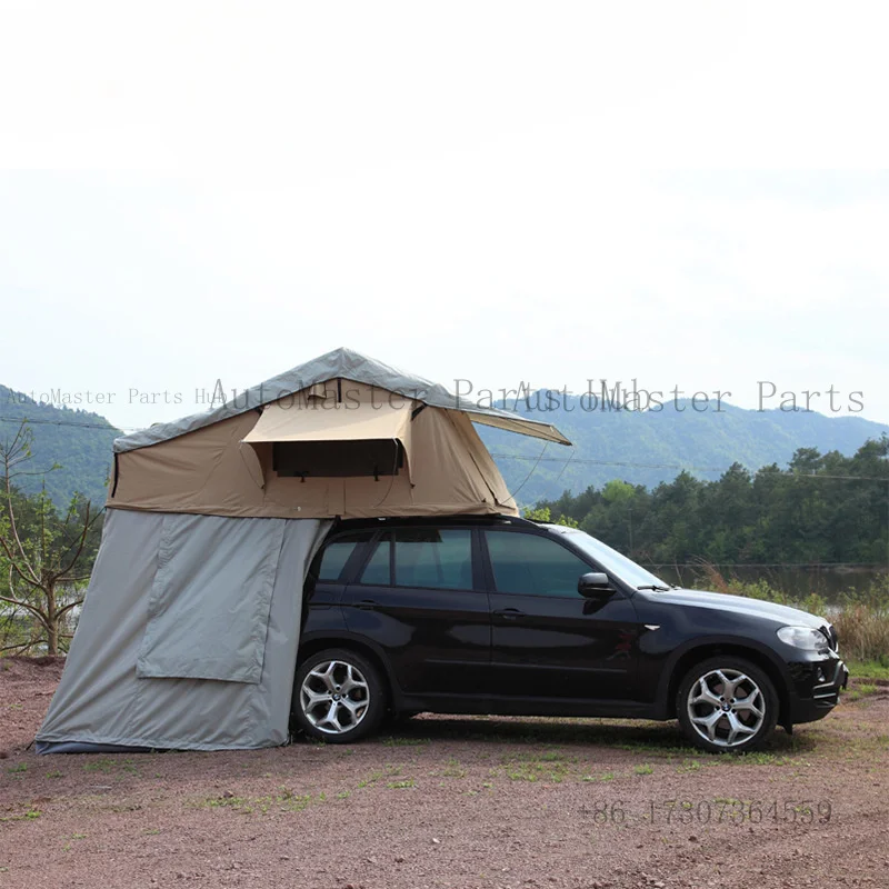 

Автомобильная палатка на крышу с раздевалкой цвета хаки и задним тентом для кемпинга, активного отдыха, автопутешествий, для 3-4 человек, для бездорожья