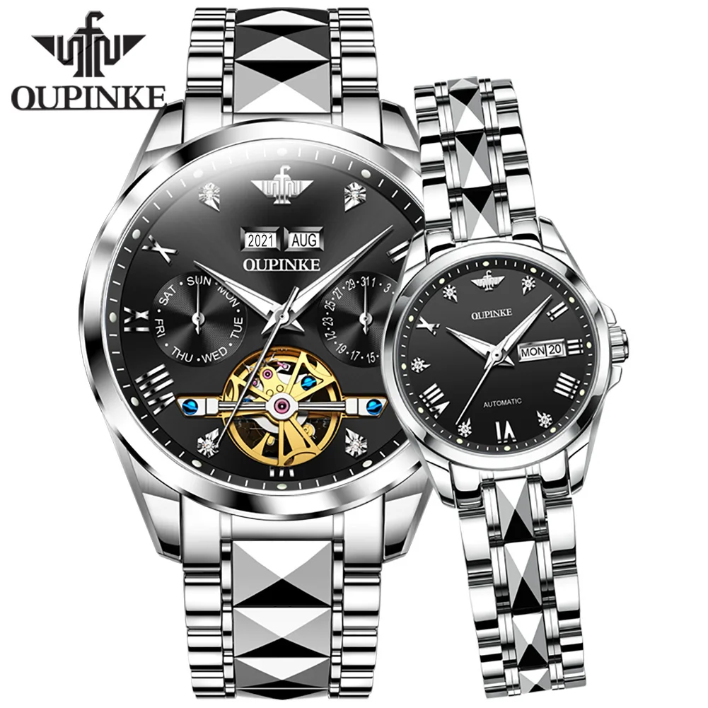 OUPINKE, relojes de pareja, reloj de pulsera mecánico automático Original de lujo, reloj de amante de acero de tungsteno resistente al agua para hombres y mujeres