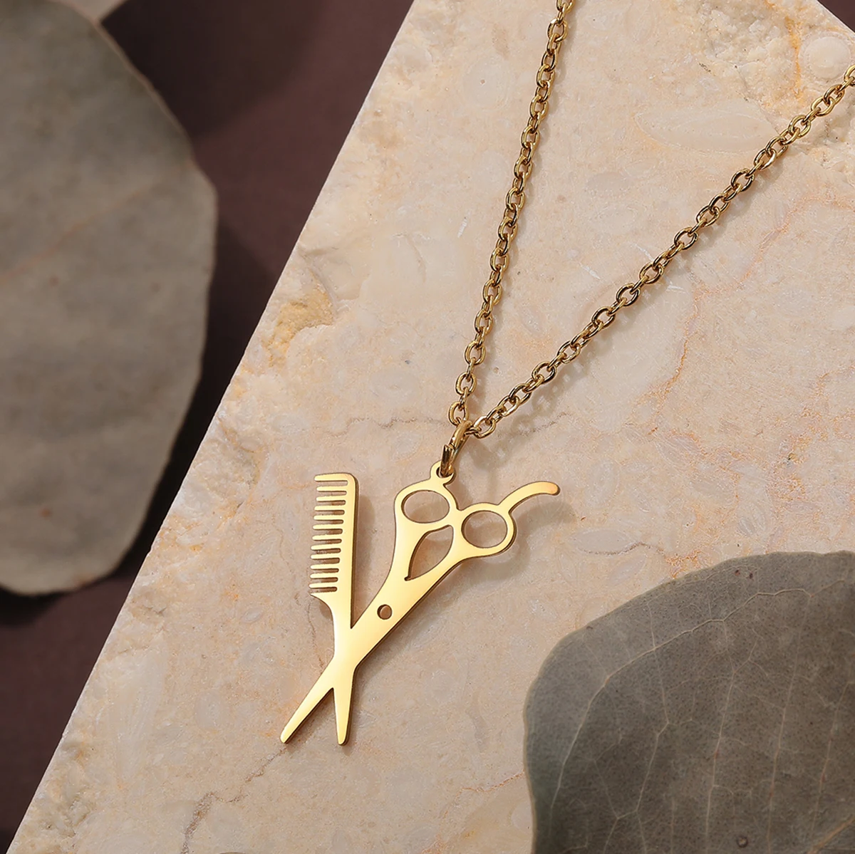 Punk Hair Dresser Stylist Scissors Comb Necklace for Women Barber Golden Stainless Steel Jewelry Birthday image 3