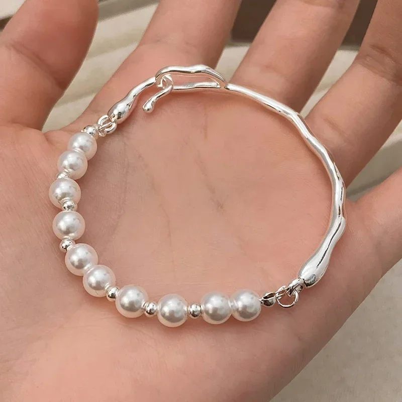 

925 Sterling Silver Pearl Bead Round Bangles for Women Trendy Minimalist Geometric Fine Jewelry Irregular Accessories