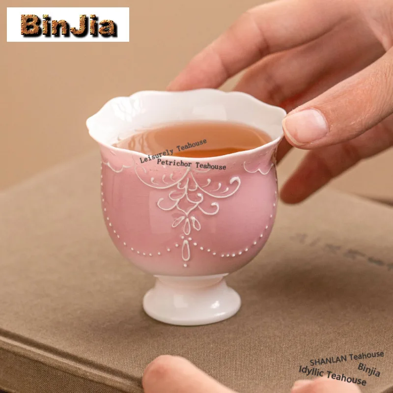 

Чайная чаша 80 мл, градиентная розовая, с высоким ножком, расписная вручную, с бусинами, для чайной церемонии, для медитации, чаша чазан, мастер-чаша