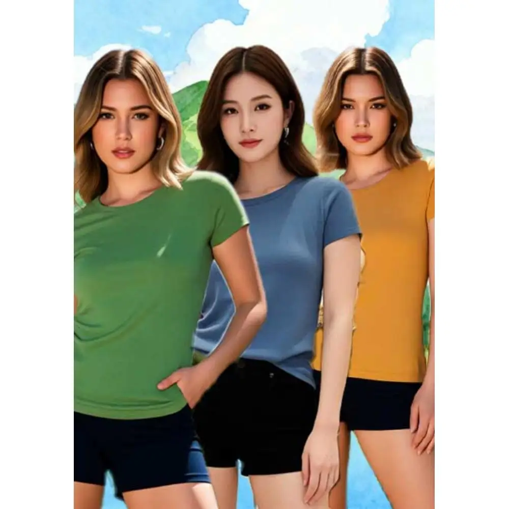 

Комплект женской футболки с короткими рукавами из трех предметов предлагает четыре цвета: зеленый, желтый, синий, серый, удобный.