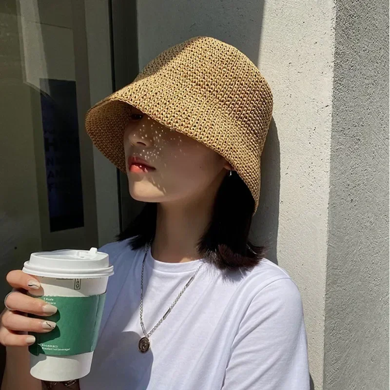 

Korean Straw Bucket Hat for Women - Handwoven Summer Beach Visor, Fisherman Panama Sun Hat, Stylish Wide Brim
