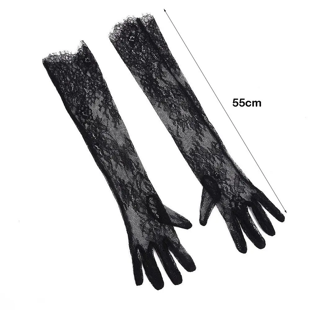 1 par de guantes de encaje de longitud larga, guantes de novia de Material fino transparente, guantes de fiesta con patrón Floral calado, boda nupcial
