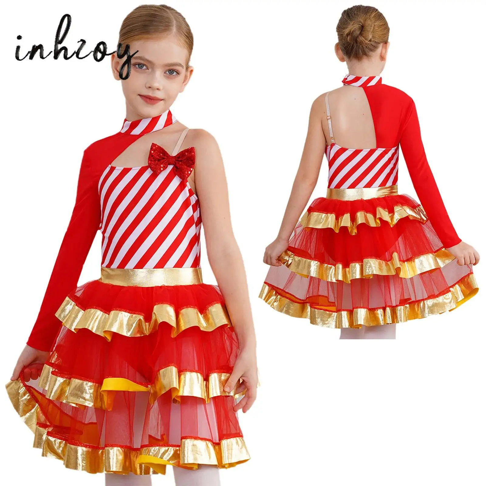 

Kids Girl Candy Cane Striped Sequins Ballet Tutu Dance Dress Christmas Tiered Tulle Costume Bowknot Leotard Figure Skating Dress