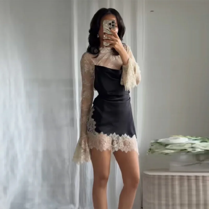 

Новое летнее женское сексуальное кружевное платье с длинными рукавами 2026 года, модное короткое платье с прозрачной кружевной вставкой на талии для вечеринок