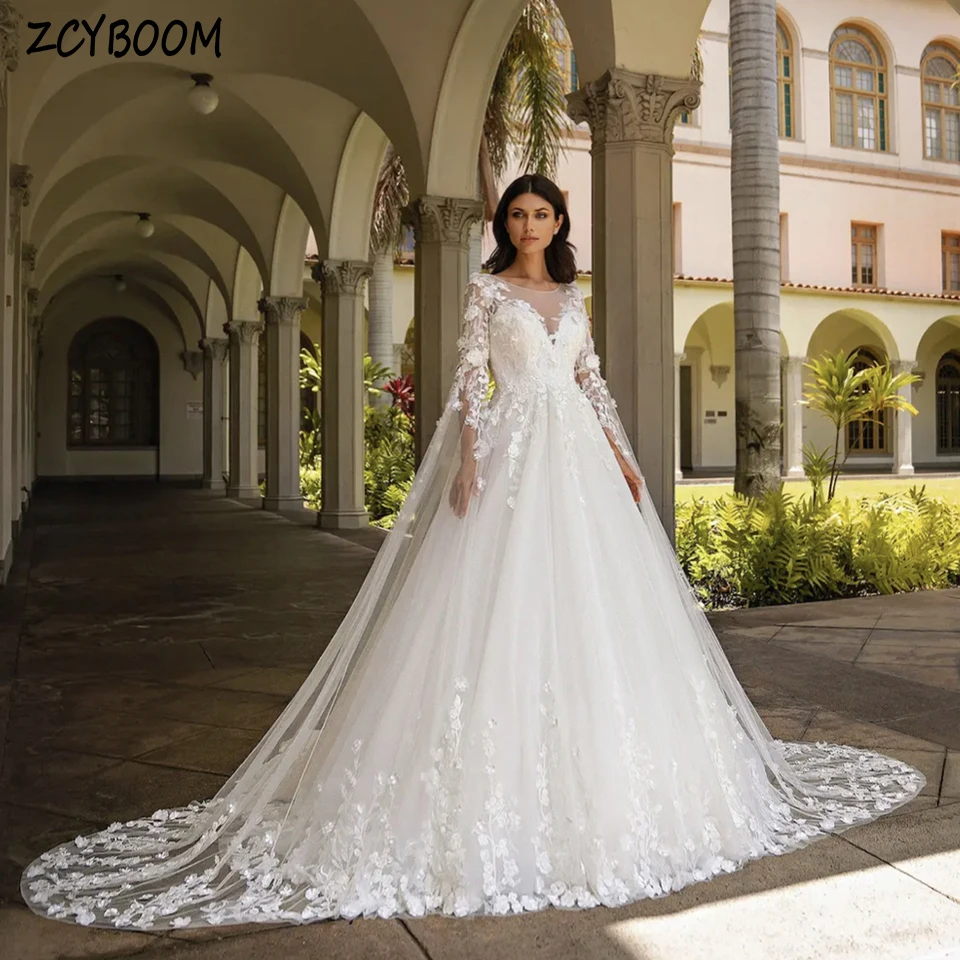 Customized O-Neck Appliques Beaded Flowers Long Sleeves Wedding Dress 2024 A-Line Floor Length Sweep Train Zipper Bridal Gown