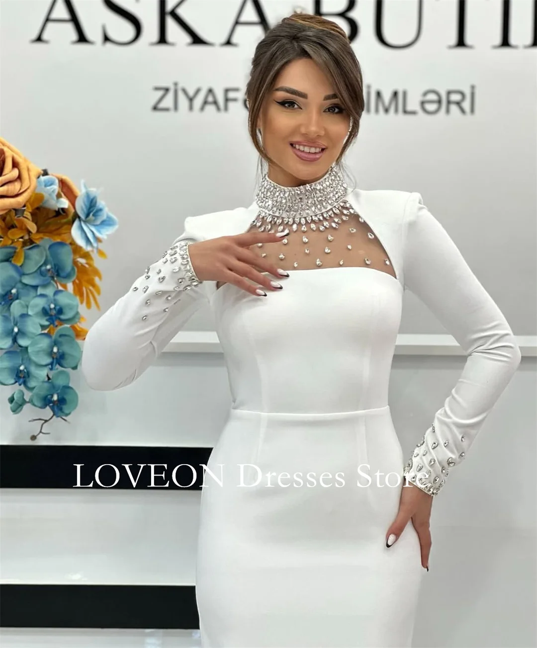 

High Neck Crystals Formal Evening Dresses Long Sleeves White Mermaid فساتين سهرة Customized Elegant Prom Growns Party Women