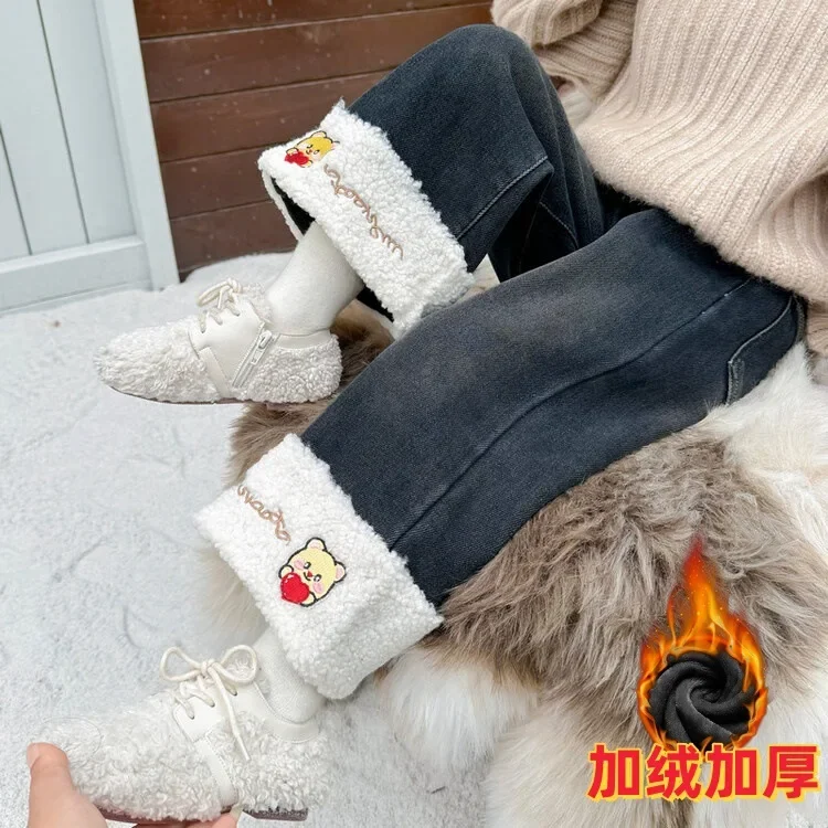 Girls Flanging Design Jeans With Fleece Autumn Winter Casual Fashion Kids Wide Leg Insulated Pants Child Denim Trousers