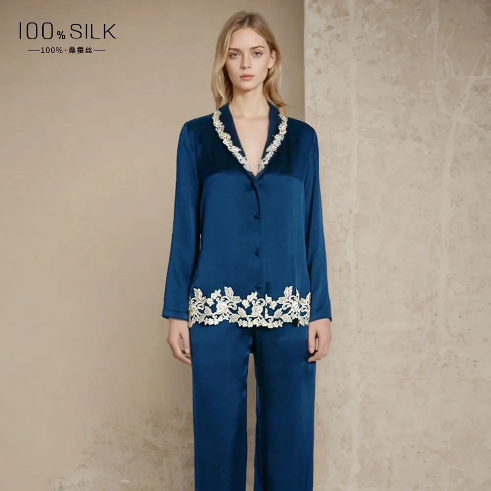 Lace Trim 19MM heavy Silk Women's Pajamas Sleepwear 100% Mulberry Silk Long sleeve trousers Nightwear set Two-piece lapel Pajama