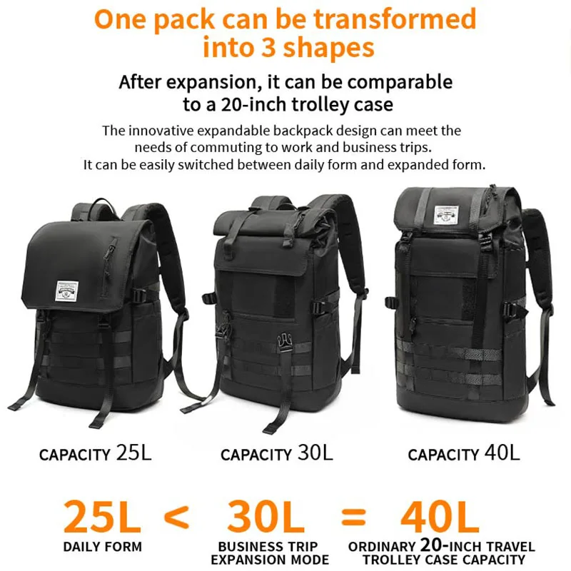 3 in 1 Convertible Expand Waterproof Large Capacity Sports Travel Backpack Men Roll Top 17 Inch Anti-Theft Laptop Backpack