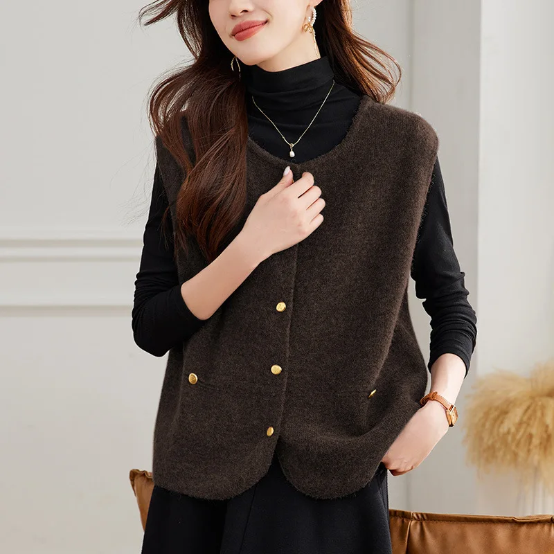 Modny dzianinowy okrągły kardigan bez rękawów damski jesienny nowy styl koreański uniwersalny lekki długi sweter