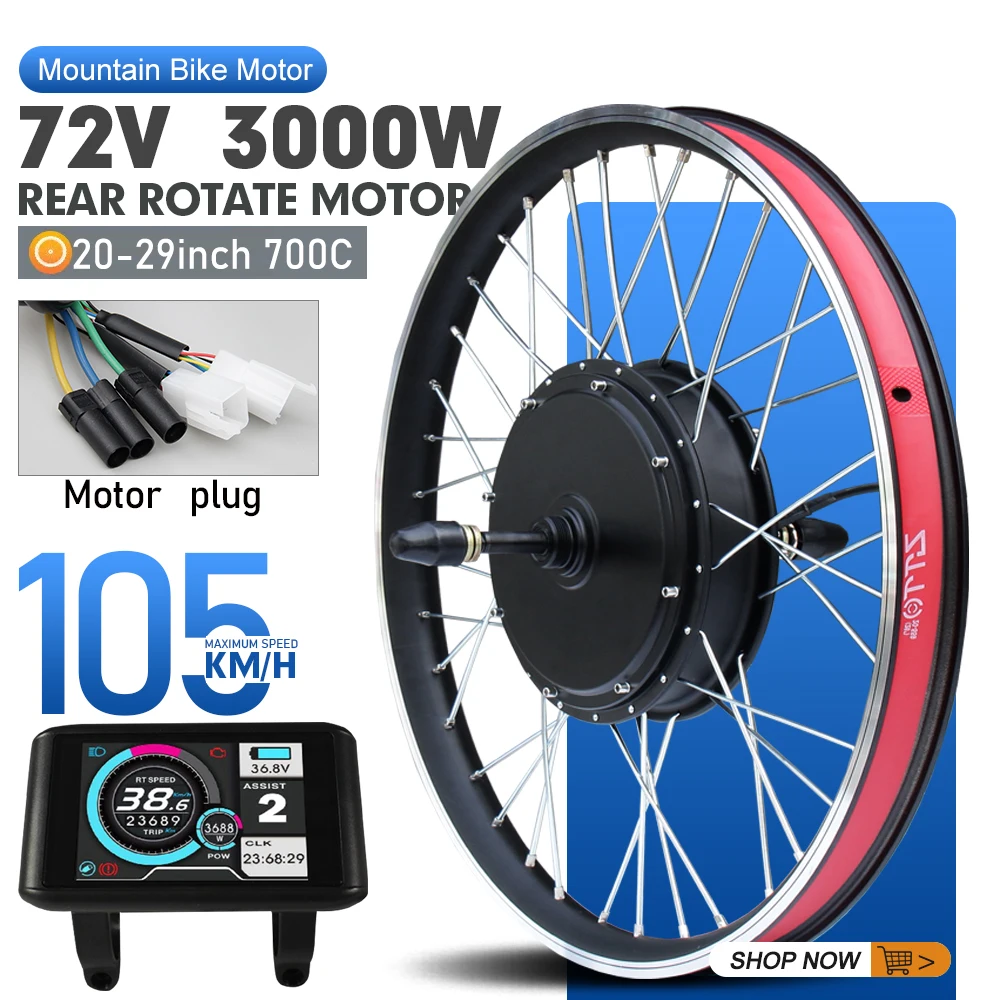 AliExpress KUNTENG E-BIKE Electric Bike Conversion Kit 72V 3000W Brushless Non-gear Rear Wheel Hub Motor 20"24"26"27.5"28"29" For Ebike Conversion Kit