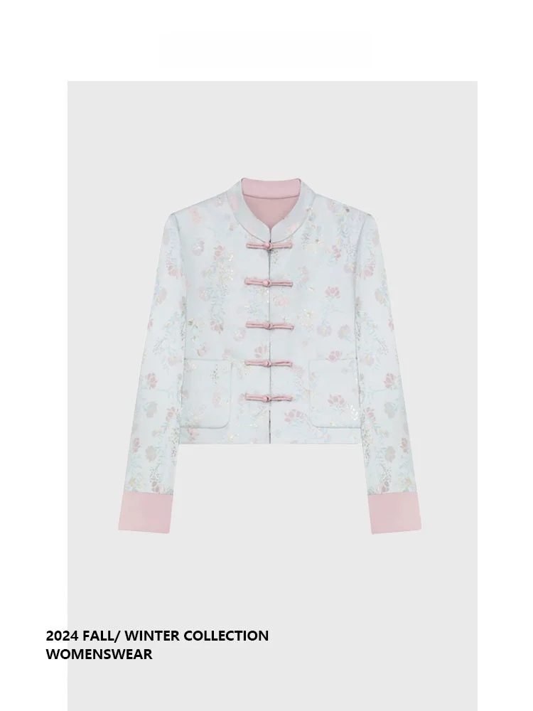 

Forever 21 Retro Chinese Style Beautiful Unique Pink Outerwear Elegant Commute Style Long Sleeve for Pear Shaped Women