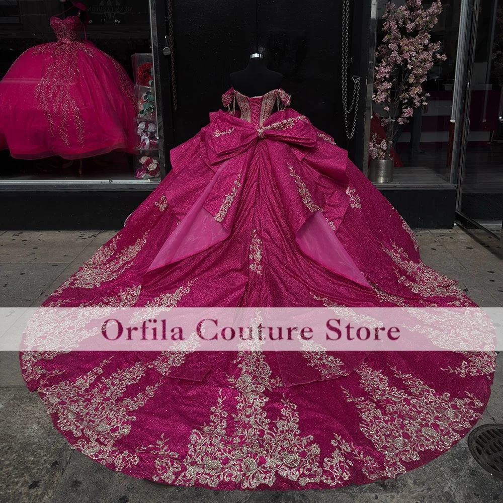 Fauchsia Glitter Quinceanera Dresses Off Shoulder Ball Gown Sweet 16 Dress Sequin Applique Beads Bow Tiered Tull Corset Party