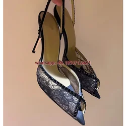 Pointed Lace Peep Toe Rhinestone Back Strap High Heels Stiletto Black Sandals For Women