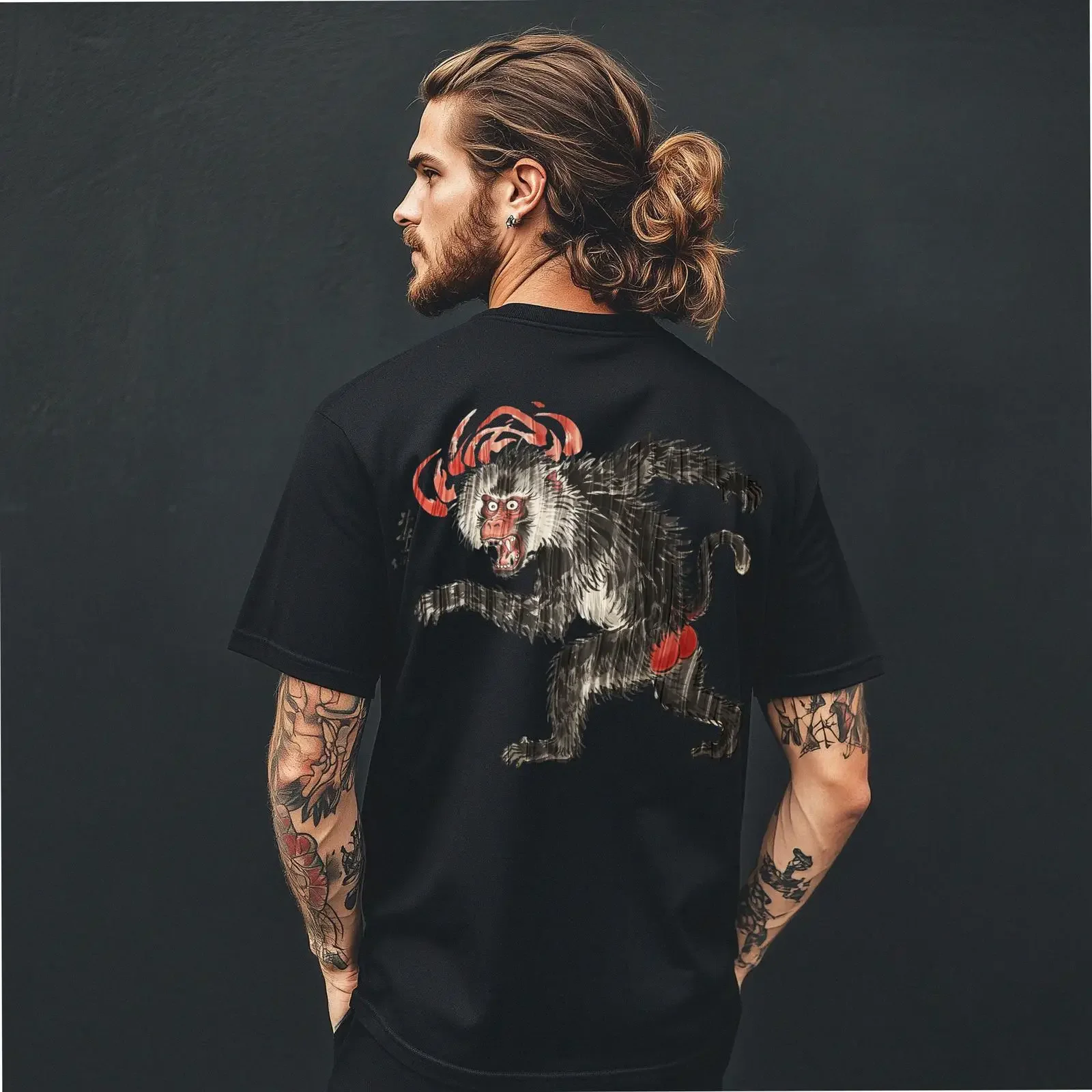 Screaming Vintage Baboon Retro Streetwear T Shirt Japanese Monkey Back Print vintage Washed Breathable Versatile homme Casual