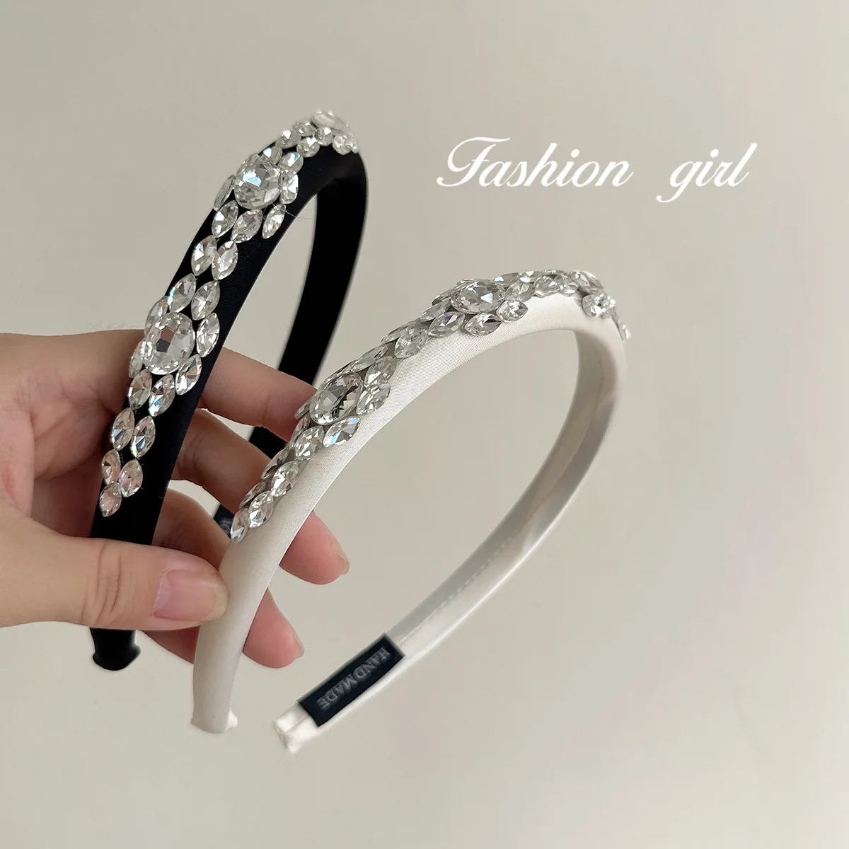 

Rhombus Rhinestone Headband Wide Padded Volumizing High Crown Sparkly Heavy Daily Hair Accessory Silver