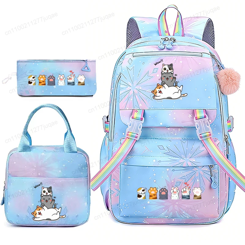 Kawaii Cat Anime 3Pcs Backpack Set, Cute Teenager Student Schoolbag, Cartoon Bookbag with Lunch Bag, Travel School Bag for Girls