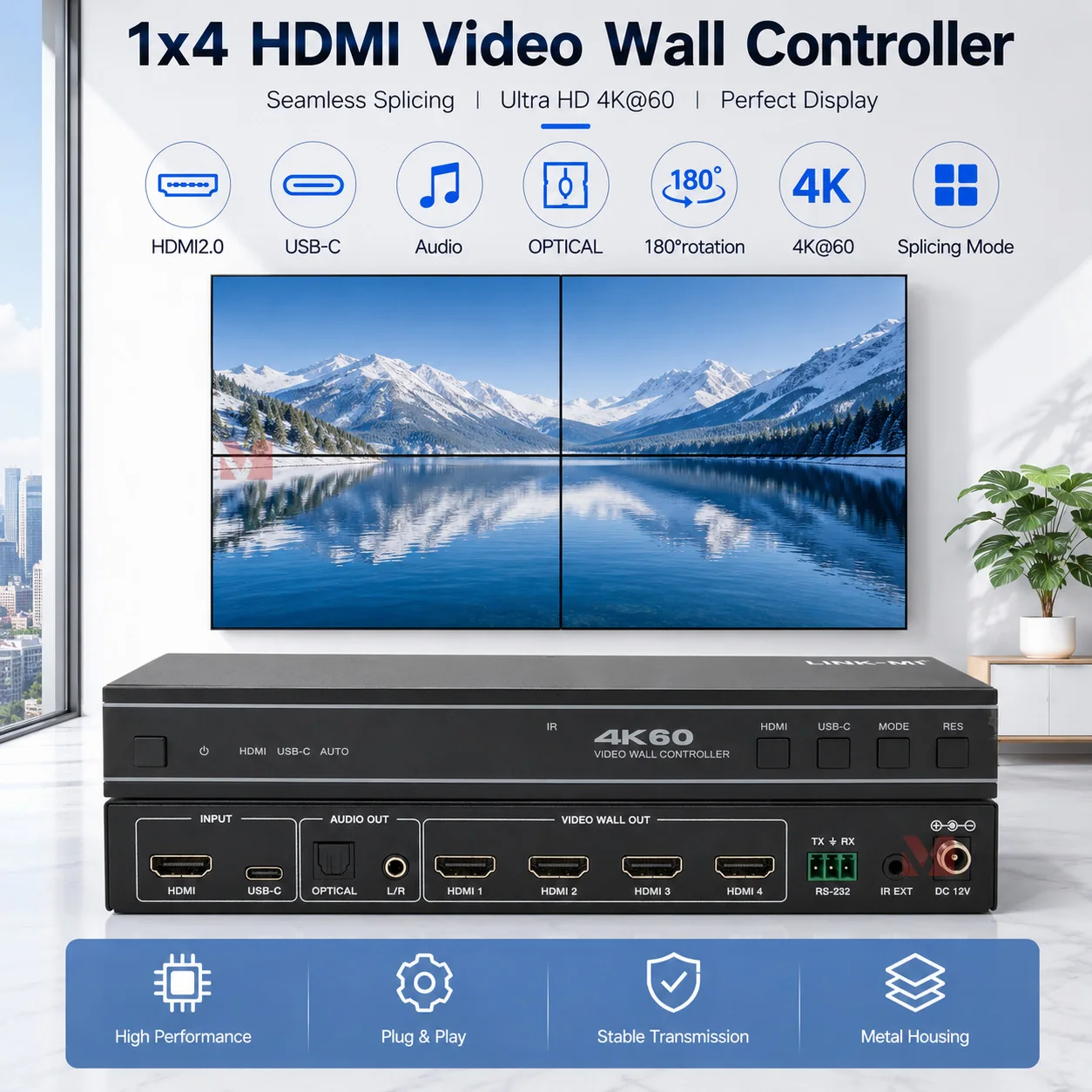 1X4 HDMI Video Wall Controller 4K60 USB HDMI Video Wall Processor 1x1 2x1 3x1 4x1 1x2 1x3 2x2 Multi Screen Video Splicer