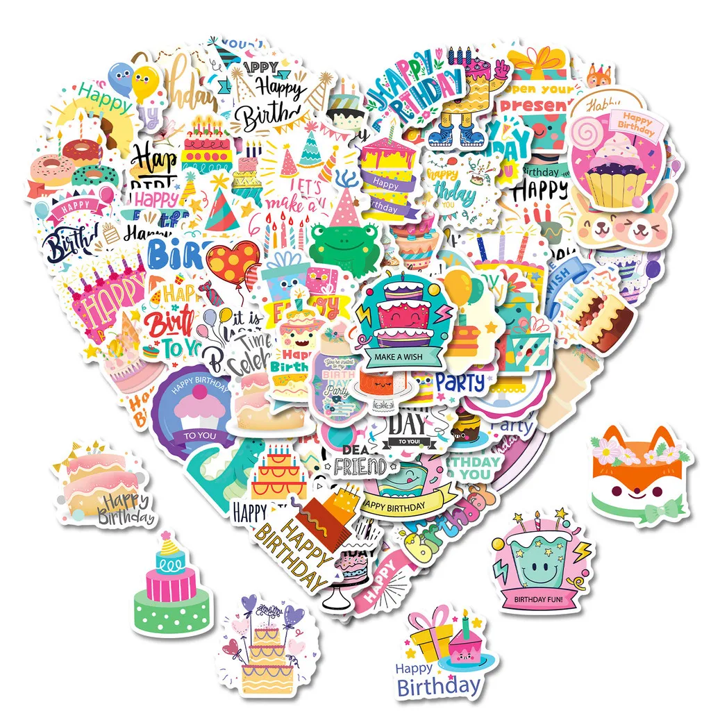 50/100Pcs Cartoon Hand Drawn Birthday Stickers for DIY Gift Wrapping & Party Decoration Giajar Sticker Store