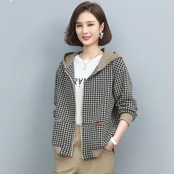 Vintage Ladies Loose Short Coat With Lining Mother Plaid hooded Jacket Women's Trendy Houndstooth Spring Autumn Windbreaker