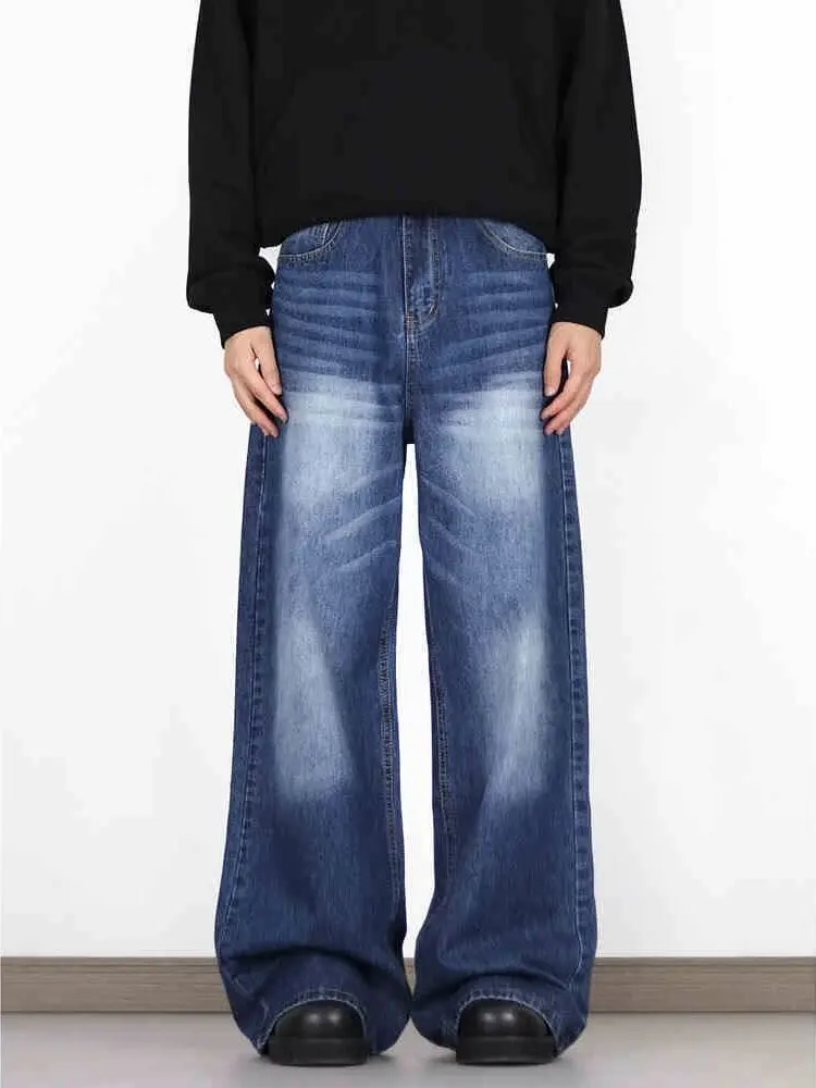 

Мужские джинсы в стиле ретро: американские, из выстиранного денима, прямые, свободные, широкие штанины, повседневные, длинные брюки, модные, с высокой талией, хлопок/полиэстер