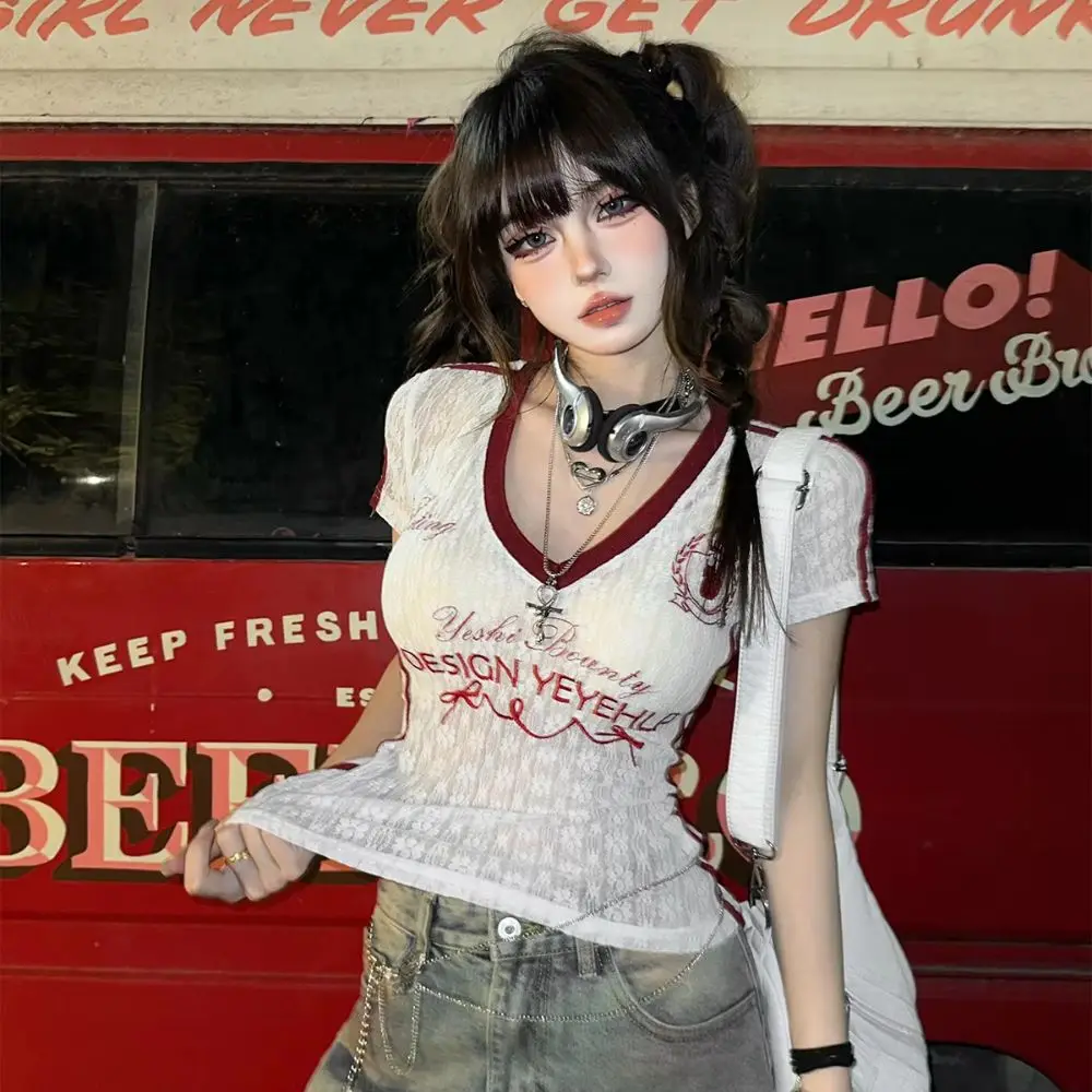 Micro Transparent V-neck T-shirt Lace Embroidery Short Sleeved Lace Embroidery Top Letter Graphic Slim Fit See Through T-shirt