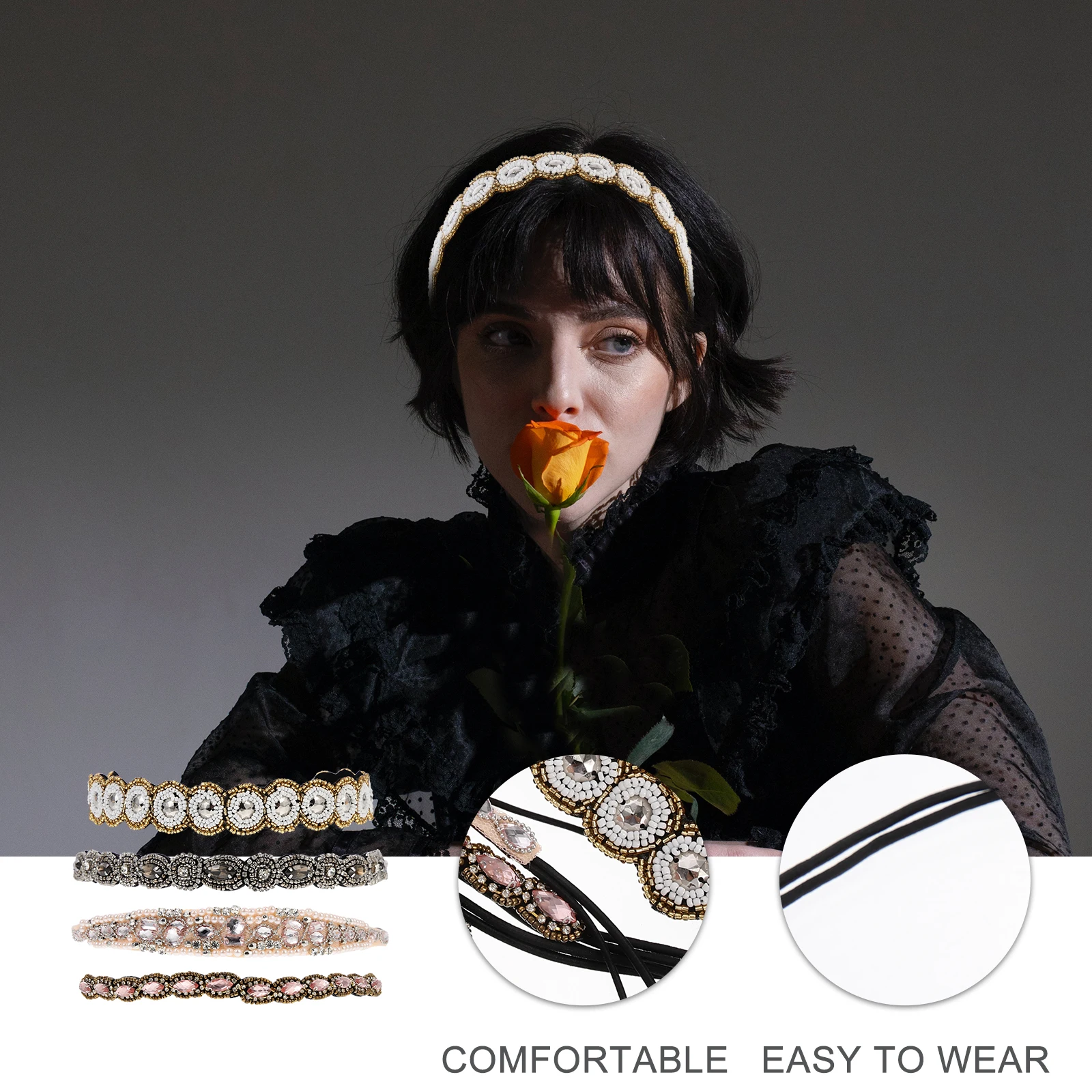 

4pcs Rhinestone Elastic Headbands for Women Beaded Hair Accessories Shiny Comfortable All-Matched Style -Free Prom Party