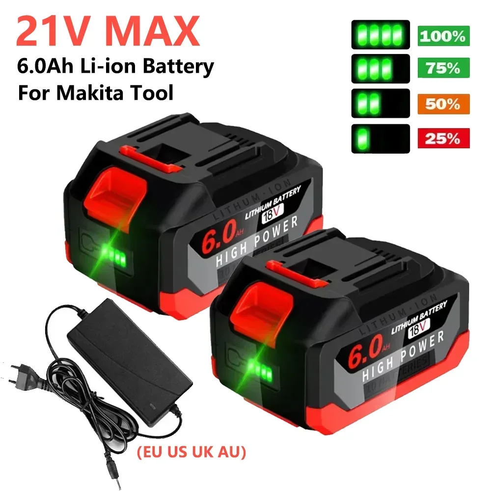 18V 6.0Ah Large Capacity Rechargeable Lithium Ion Battery with LED Indicator for Makita Electric Power Tool Replacement Battery