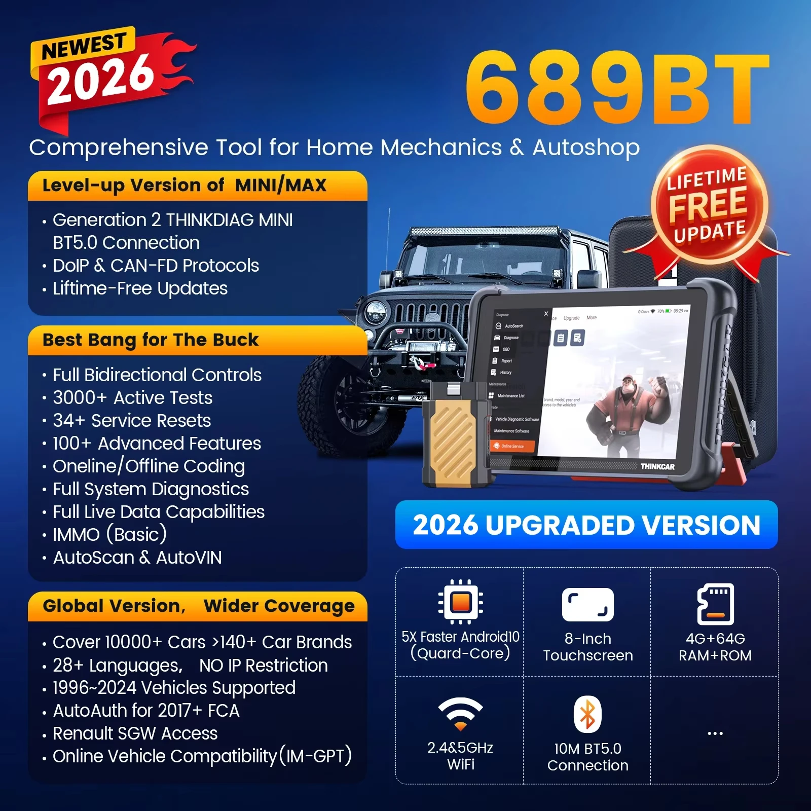 689BT Key Programming Automotive Diagnostic Tool Bi Directional Obd2 Scanner ECU Coding CANFD DOIP 34 Resets