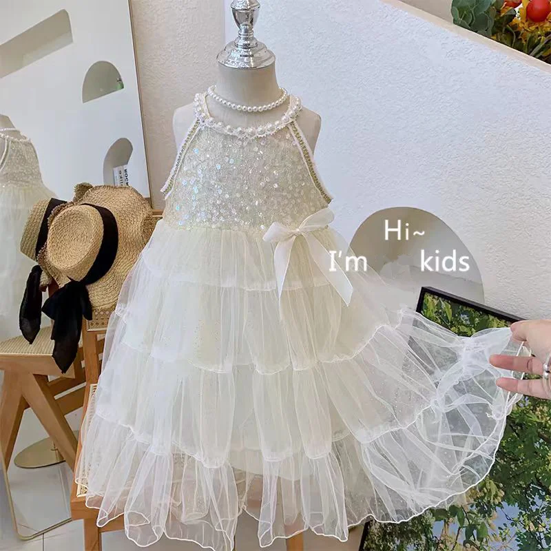 Children\'s cake dress summer girl elegant pearl vest Mesh yarn Princess Skirts Party Dresses formal occasions kids clothing