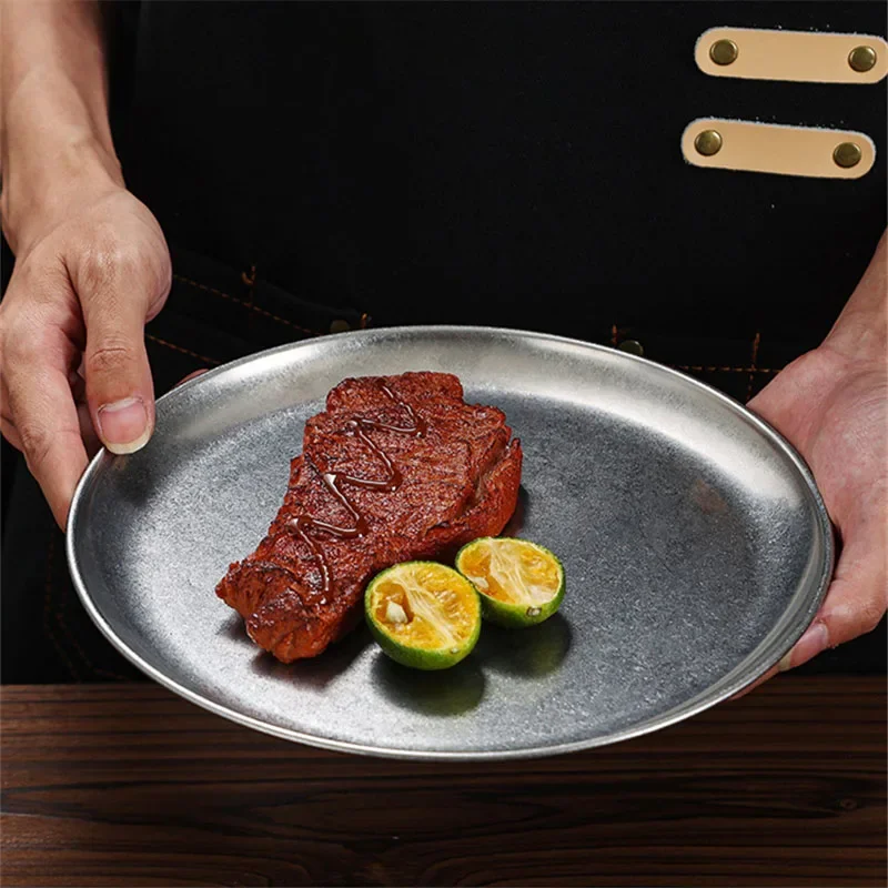 

Snow Peak Stainless Steel Round Plates Matte Reto Dinner Dishes Flat Serving Tray Luxury Tableware Kitchen Dessert Cake B0E1W7