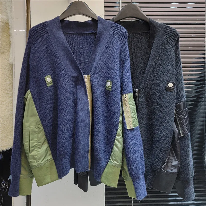 DEATผู้หญิงเสื้อสเวตเตอร์ถักหลวมPatchworkปลอม 2 ชิ้นซิปRaglan Sleeve Vคอถักเสื้อกันหนาว 2024 ใหม่ฤดูใบไม้ร่วงแฟชั่น 29L8934