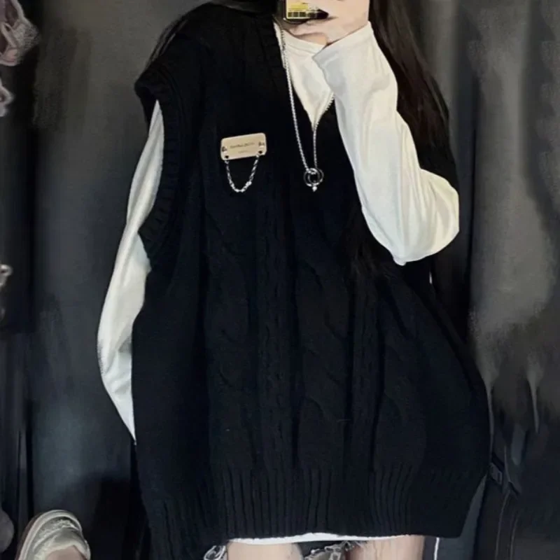 

Preppy Style Sweater Vest for Women Solid Loose Ins V-neck Knitted Minimalist Korean College Young Soft Autumn Winter All-match