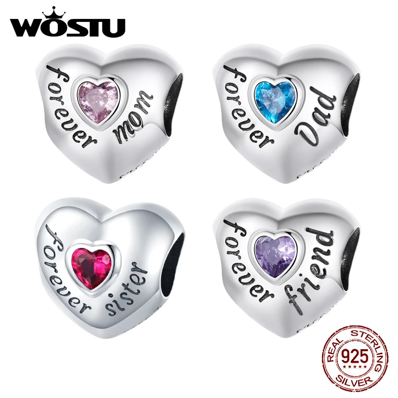 

WOSTU 925 Sterling Silver Love Family Mom Dad Heart Zircon Charms Beads Pendant Fit Original Bracelet Necklace For Women Jewelry