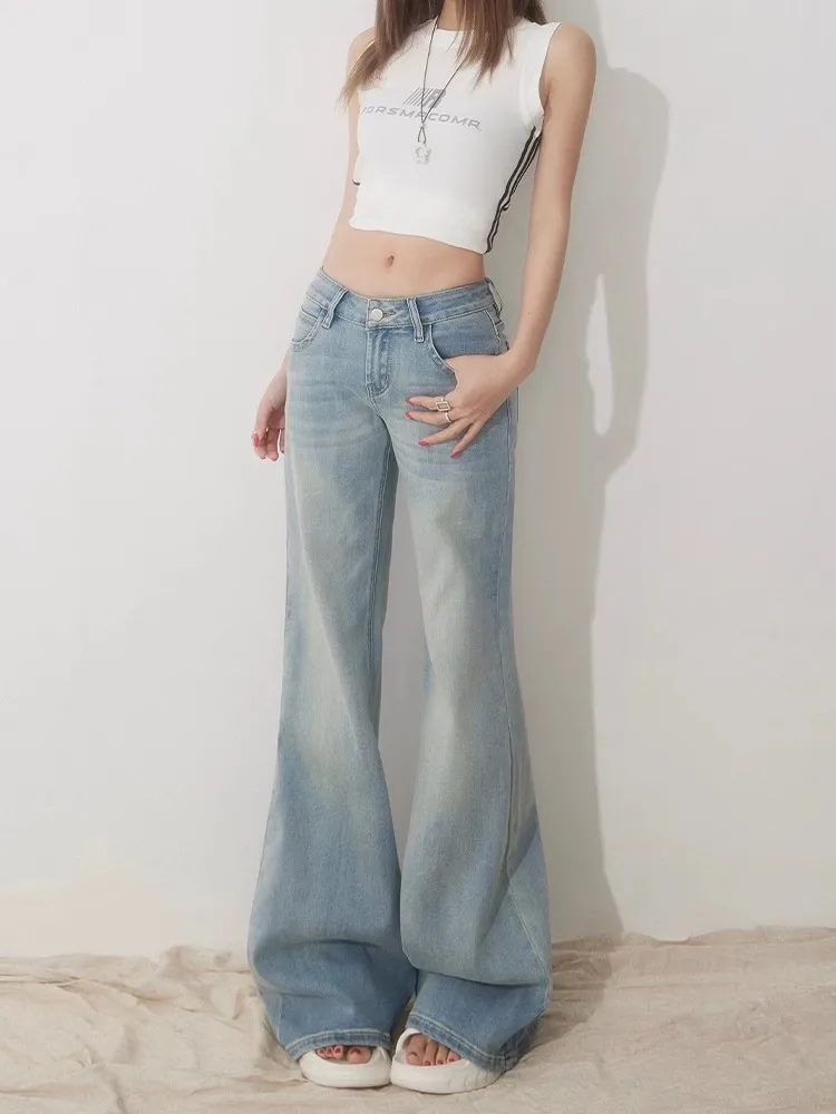 Slim Fit, schlichte, ausgestellte Jeans für Damen, modisch, kausal, England-Stil, Y2K-Straßenarbeit, niedrige Taille, klassische Kleidung