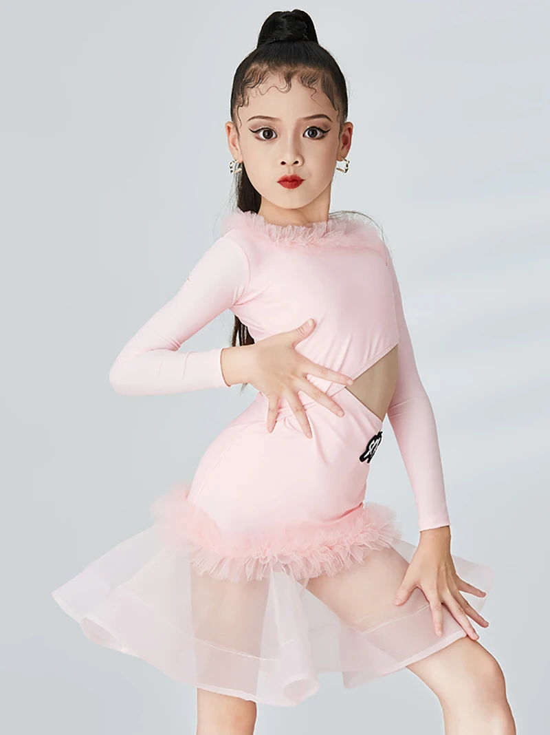 Bambini Ragazze Danza moderna Valzer per bambini Danza con volant Body in rete e gonna a fessura Concorso Pratica Performance Dancewear