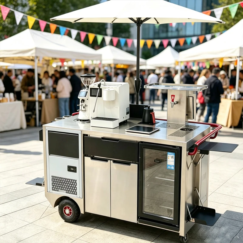 Mobile Coffee Serving Trolley Stainless Steel Coffee Cart With Storage Cabinets For Outdoor Pop Up Store Customized