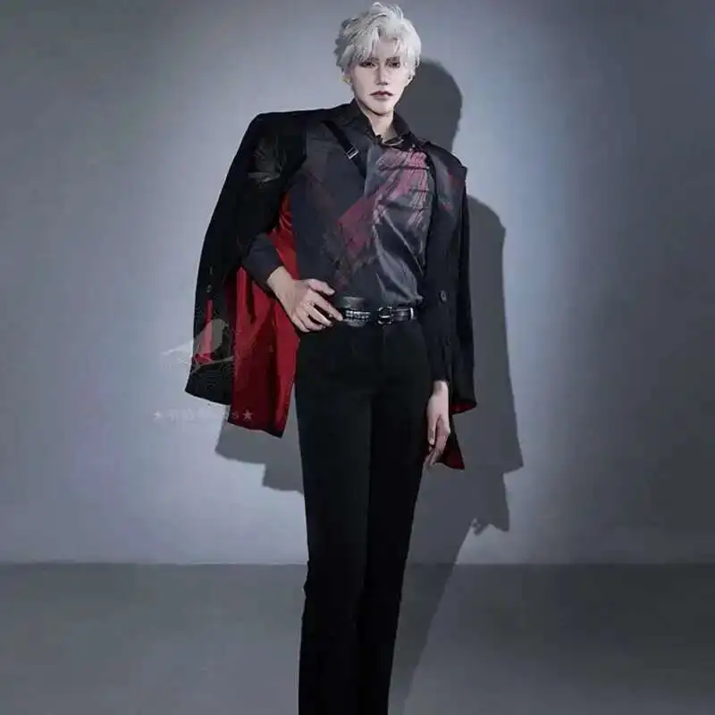 

Game Love and Deepspace Sylus Relentless Conqueror Cosplay Costume Men Wig Crimson Veil Uniform Suit Onychinus Halloween Party