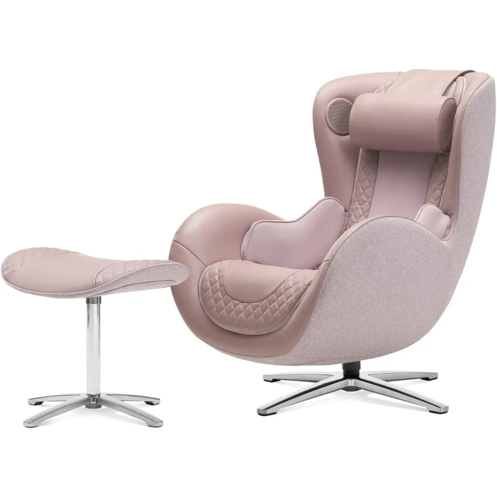 Classic Massage Chair with Ottoman. Pink Leather Lounge Chair, with Percussive & Shiatsu Chair Massager, Bluetooth Speaker