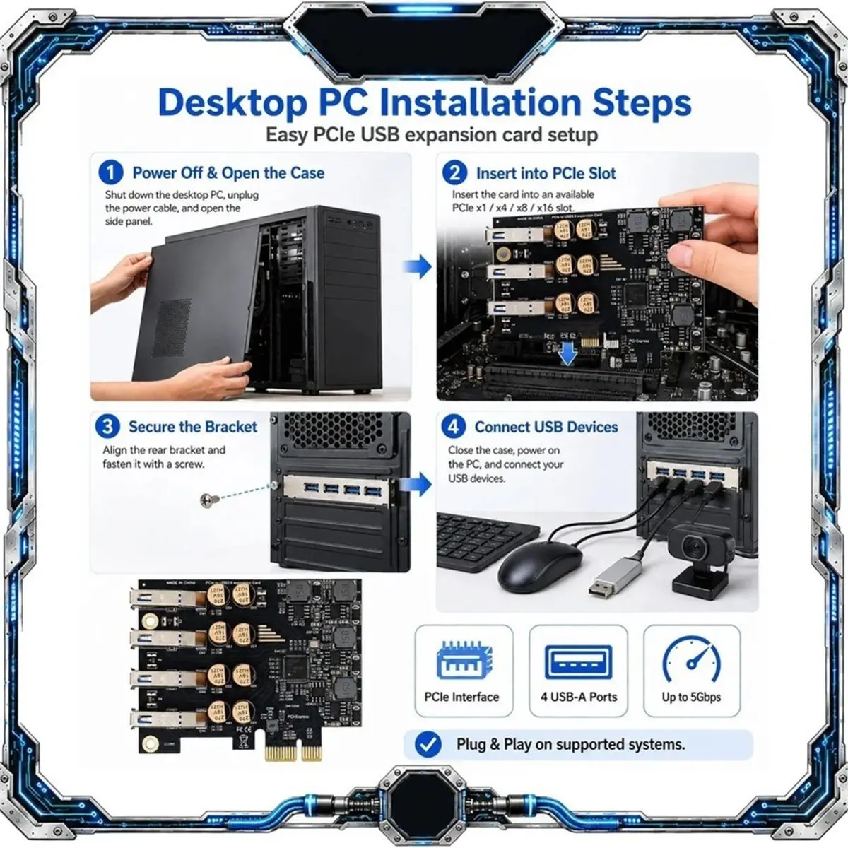 4 Ports PCIe X1 USB 3.0 Expansion Card USB-A 5Gbps Adapter Card for Desktop PC, No External Power
