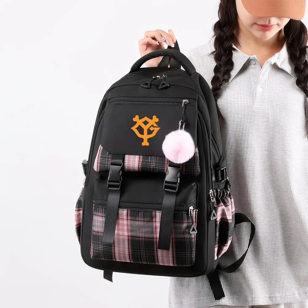Pink Plaid Print Backpack with Pompom Charm, Anime Style School Bag for Girls, Casual Travel Rucksack with Adjustable Straps