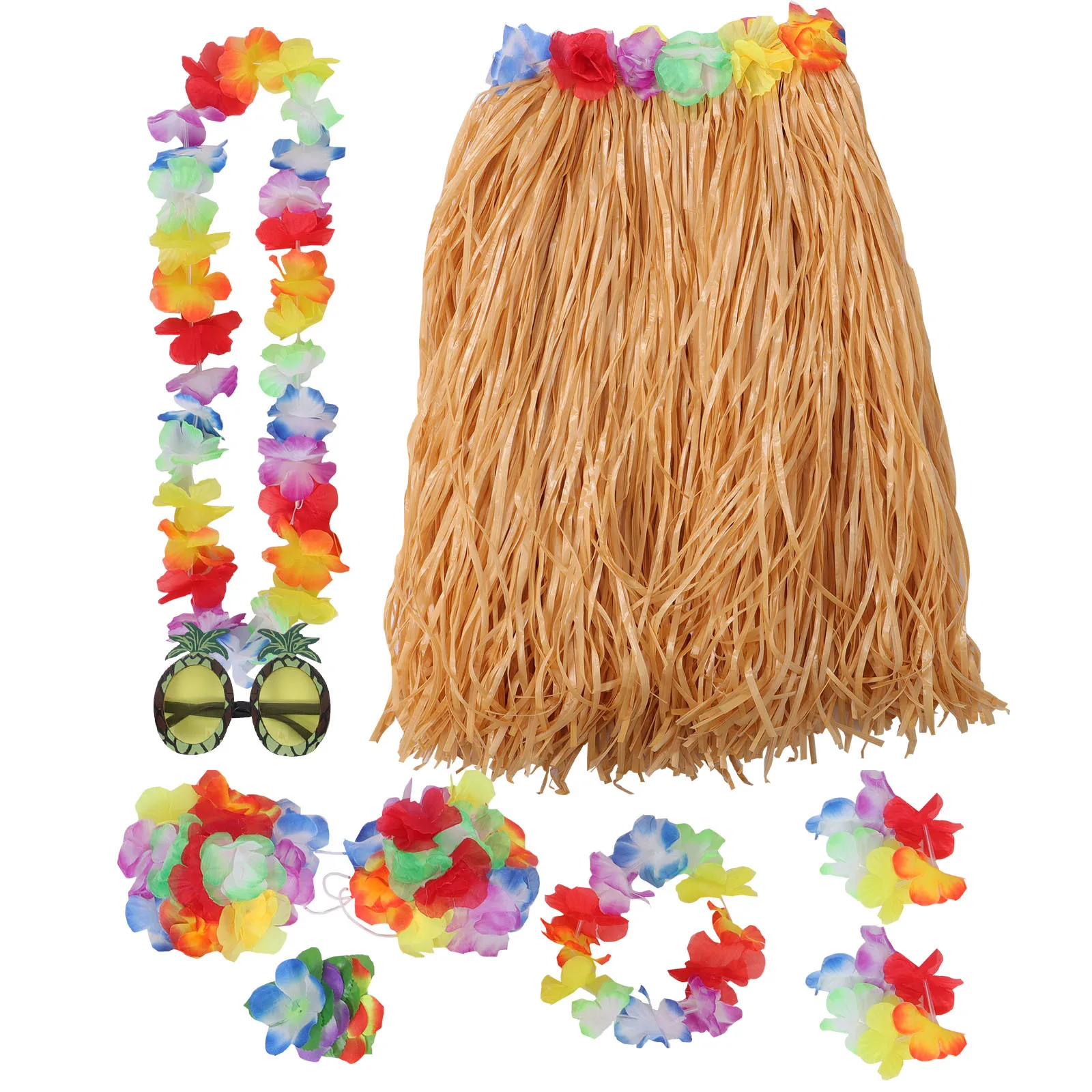 

8pcs Hawaiian Hula Costume Set 60Cm Elastic Waist Tropical Grass Skirt Colorful Bracelets Bra Headband Party Wedding Dance