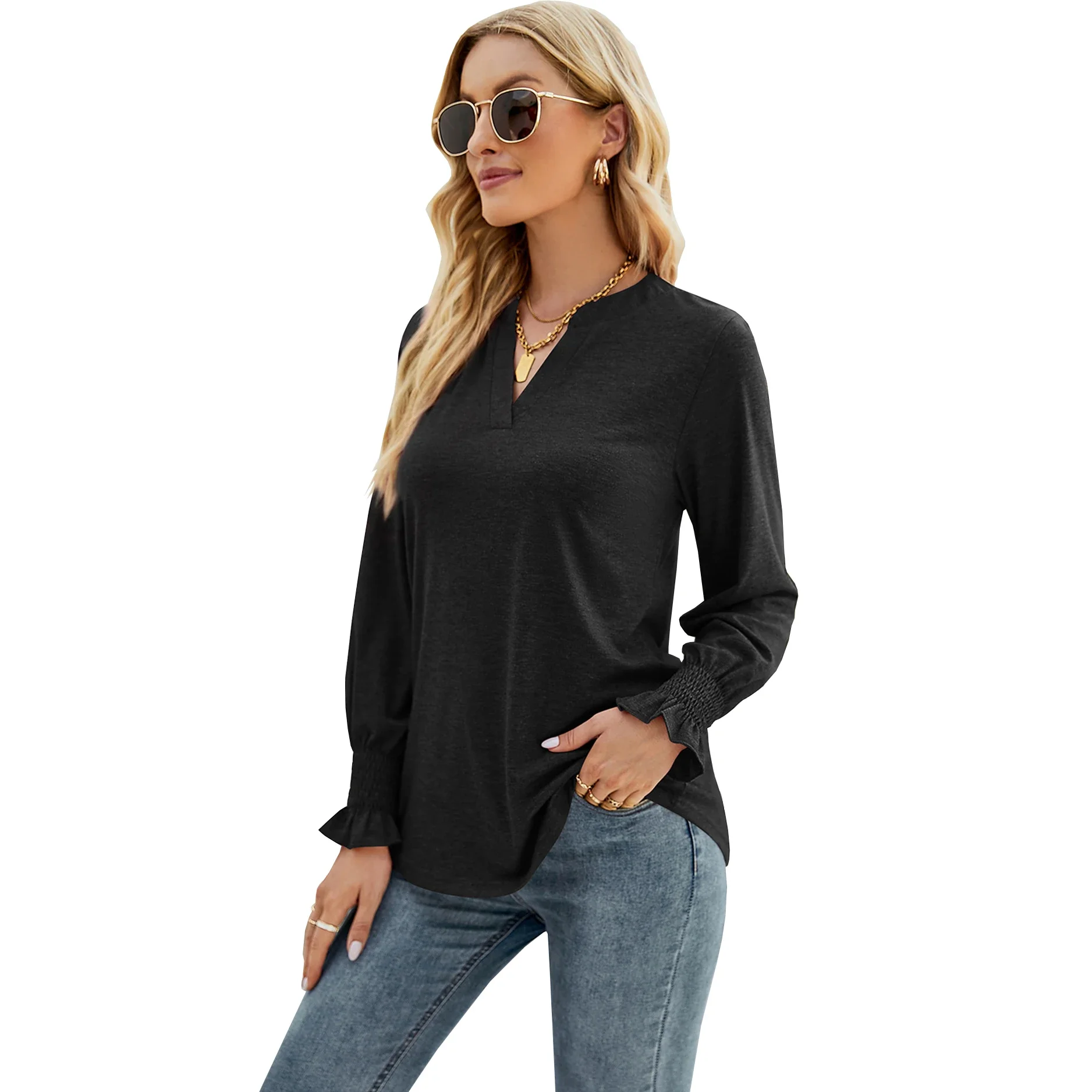 New Women's Clothing All-match Bottoming Tees Comfortable Popularity T-Shirts V-neck Solid Long Bundled Sleeved Fall SpringTops