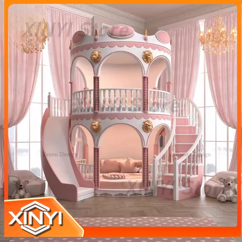 New Luxury Solid Wood Pink Castle Bunk Bed for Kids Bedroom for Girls for Princess Theme for Villa for Creative Childrens