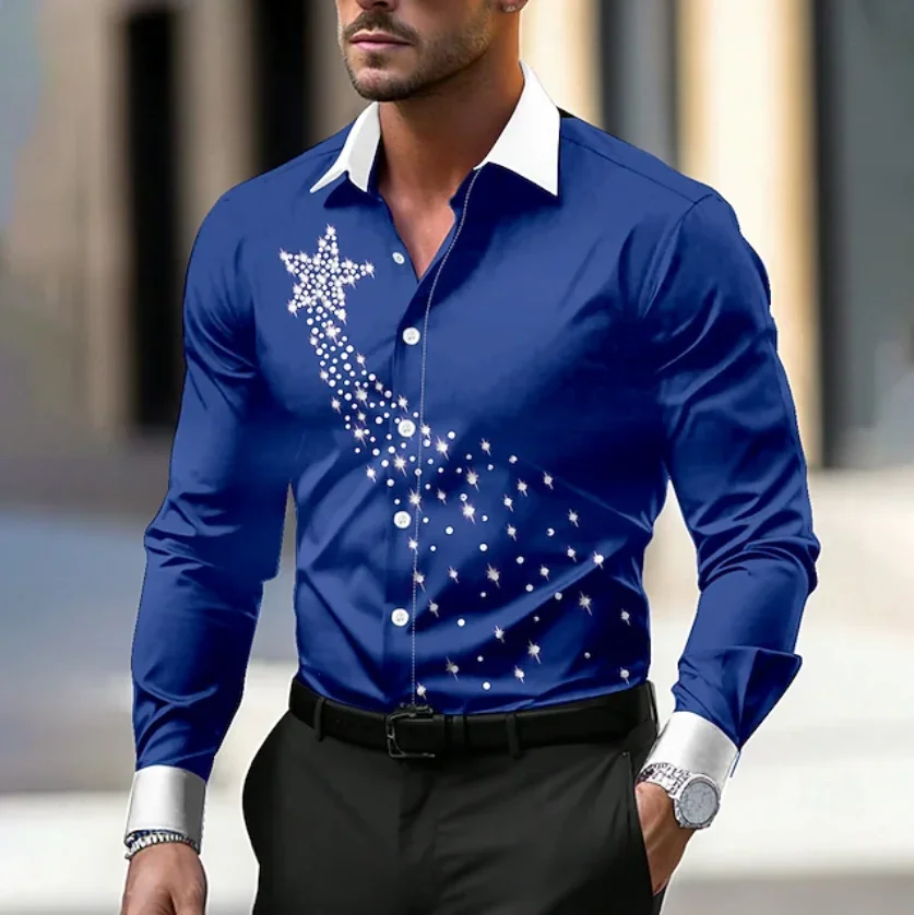 Christmas Theme Men Casual Long Sleeve 3D Star Printed Street Party Long Sleeve Soft and Comfortable Shirt Santa Hot Sale
